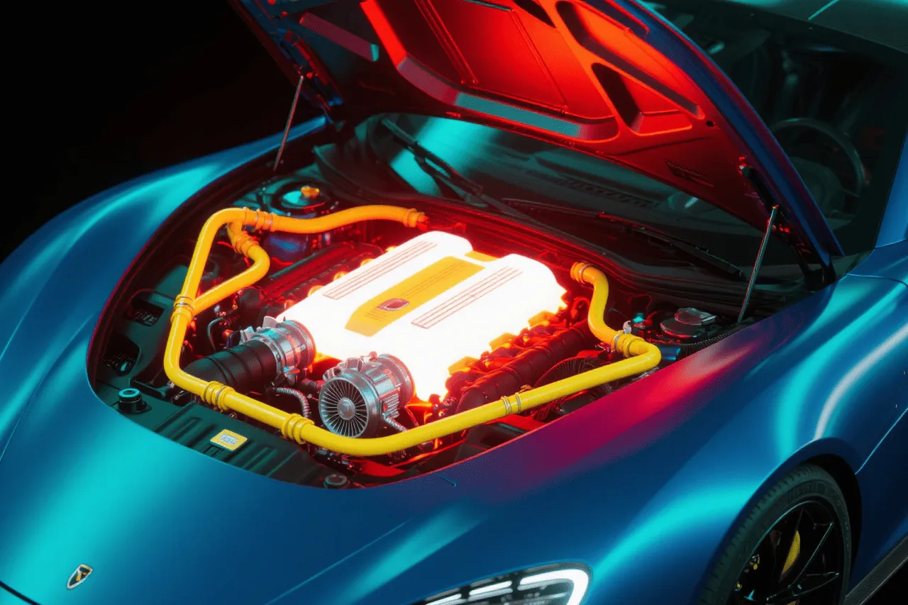 Thermal image of an overheating supercar engine bay