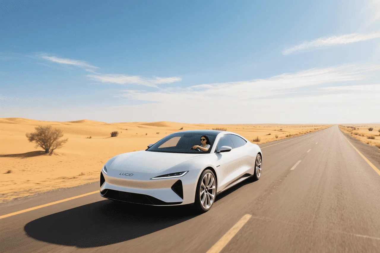 Lucid Air cruising a desert highway