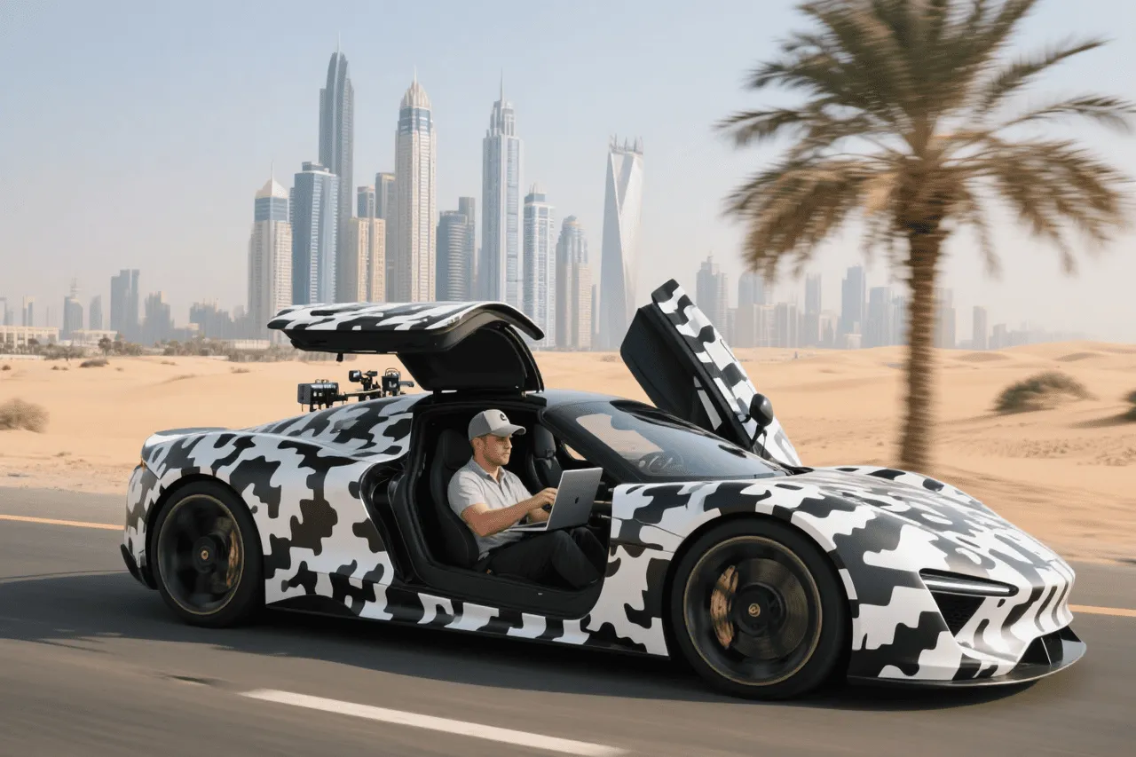 Camouflaged Roadster prototype testing in Dubai