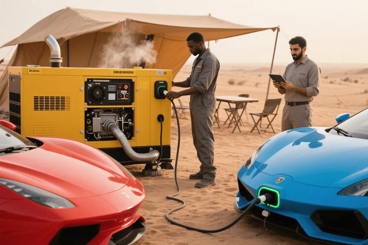 Diesel generators charging supercars in the desert