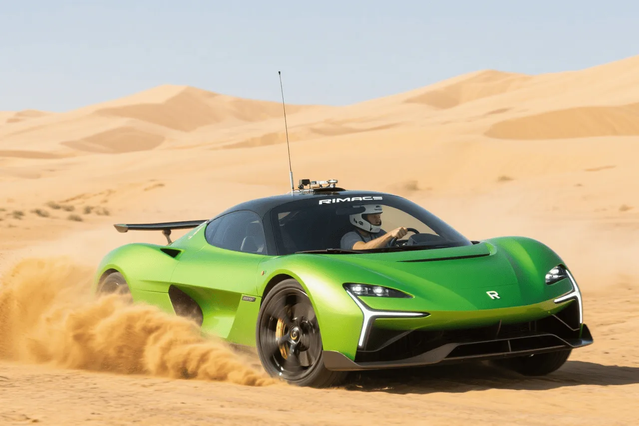 Rimac kicking up dust during a desert test