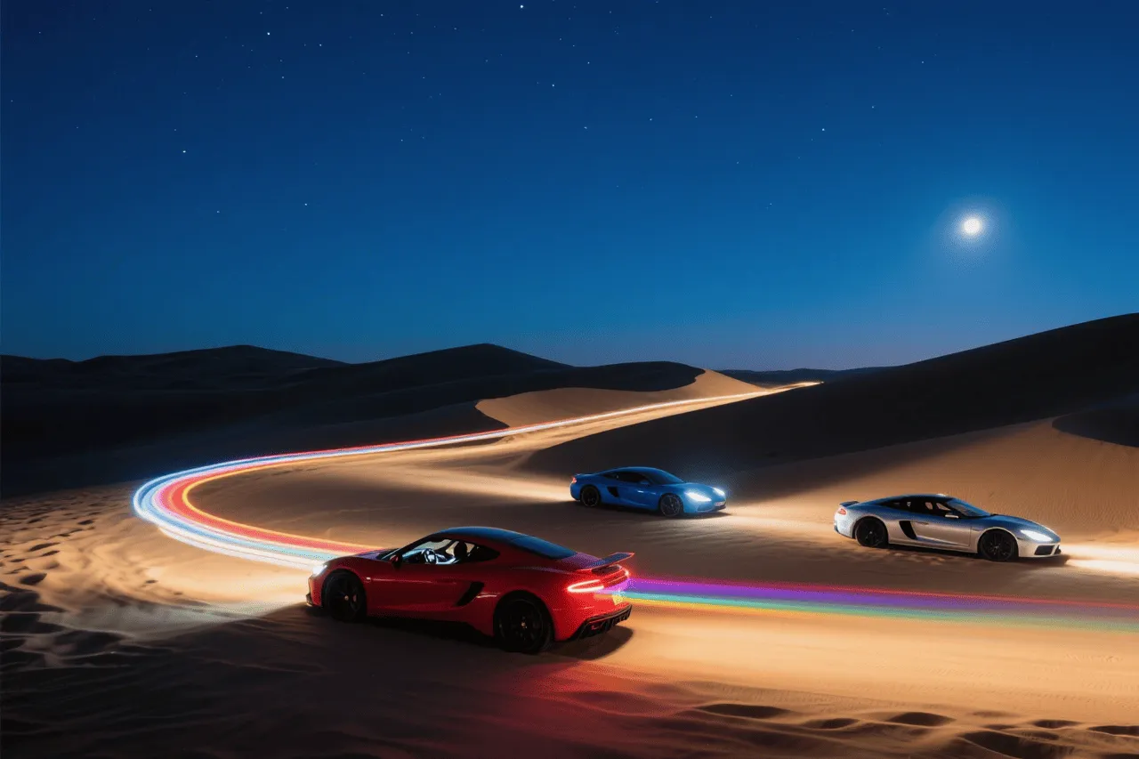 Nighttime photo of supercars leaving light trails in dunes
